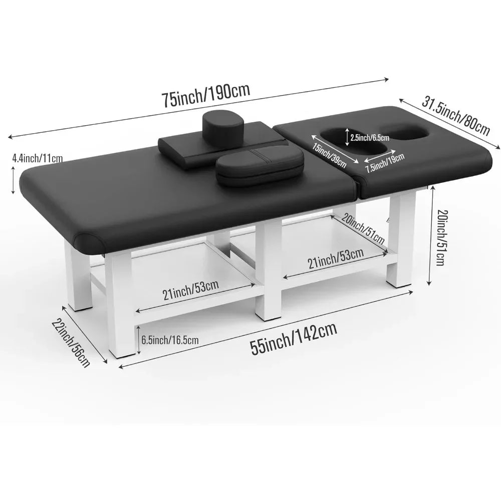 Stationary Massage Table with Open-Chest & Headrest,Thickening Metal Frame & PU Leather Spa Facial Professional Massage Bed