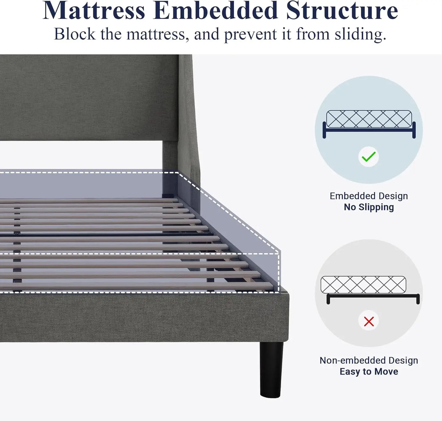 Queen Bed Frame, Platform Bed Frame Queen Size with Upholstered Headboard, Modern Deluxe Wingback