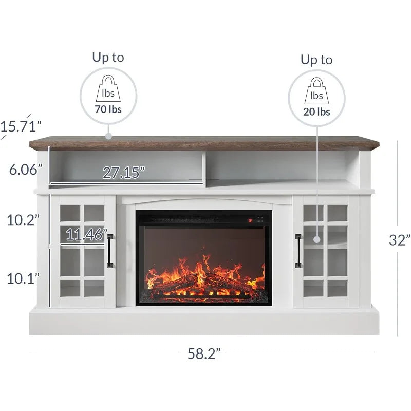 BELLEZE Traditional 58" Rustic TV Stand with 23" Electric Fireplace Heater with Sound, Media Entertainment Center Console Table