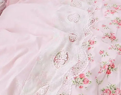 Romantic Roses Print Duvet Cover Set with Bed Skirt Pink Lace Ruffle Floral Shabby Chic Bedding Sets Queen 4 Piece