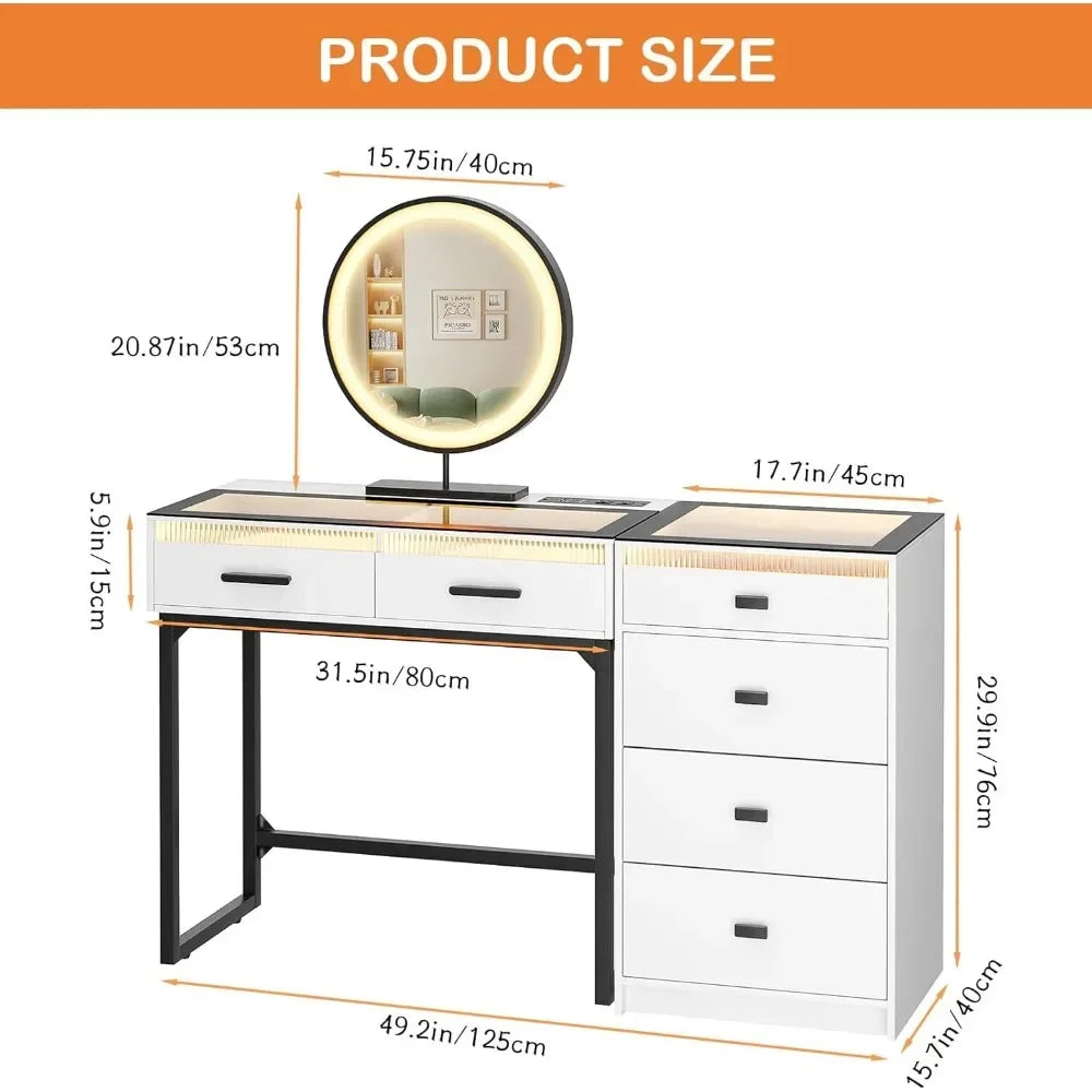 Vanity Desk with Mirror and Lights with Charging Station, 6 Drawers & Divided Organizers, Glass Top Dressing Table