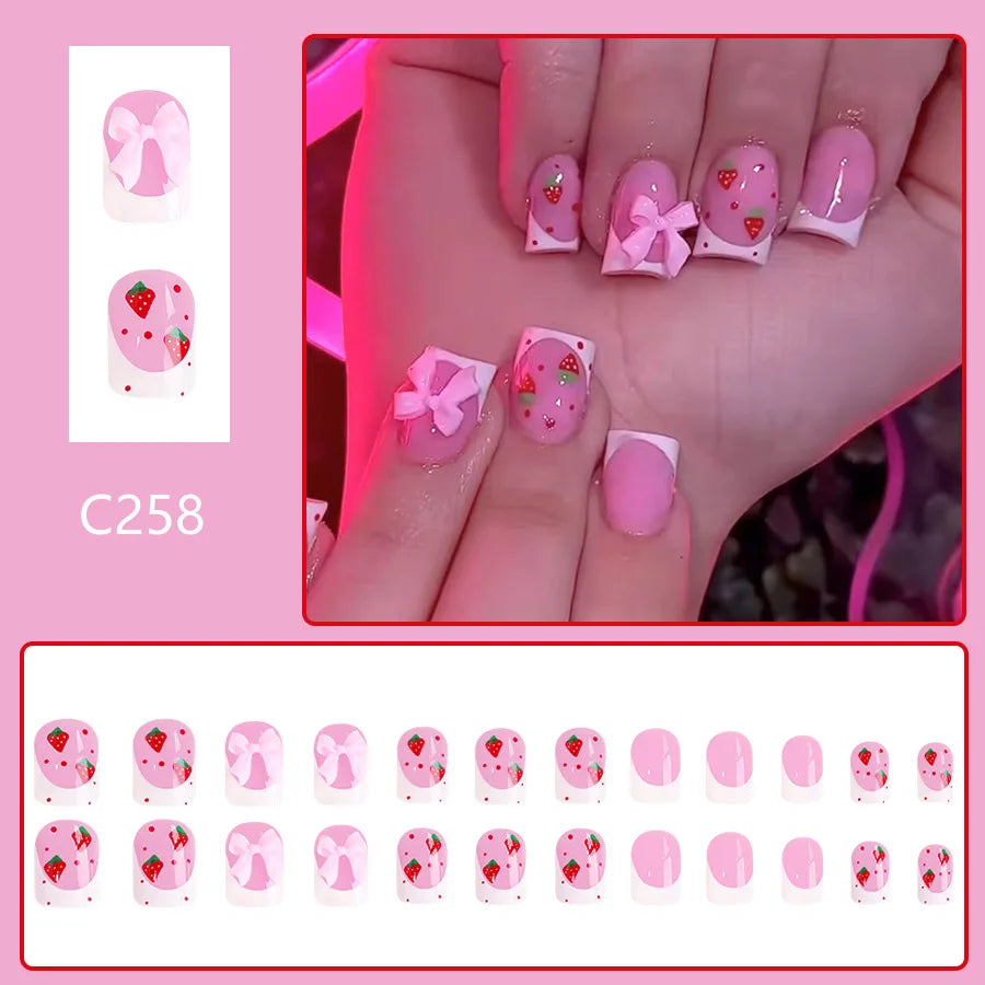 24pcs Red Strawberry Designs Fake Nail Tips 3D Bowknots Decor White French Style Press On Nails Glossy Pink European False Nails