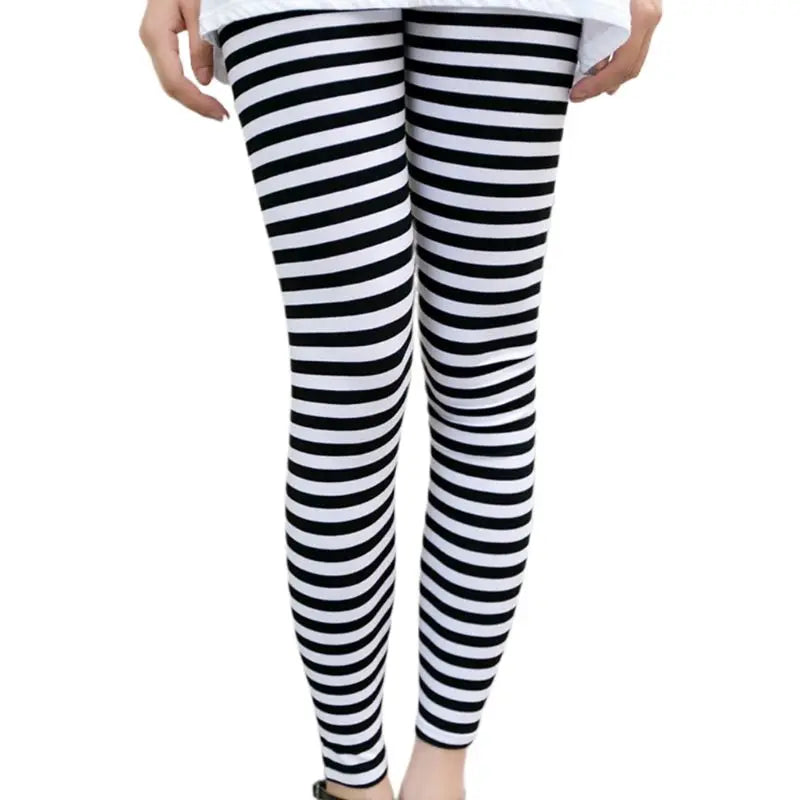 Womens Autumn Ankle Length Skinny Leggings Black White Horizontal Striped Printing Pencil Pants Stretch Casual Tights