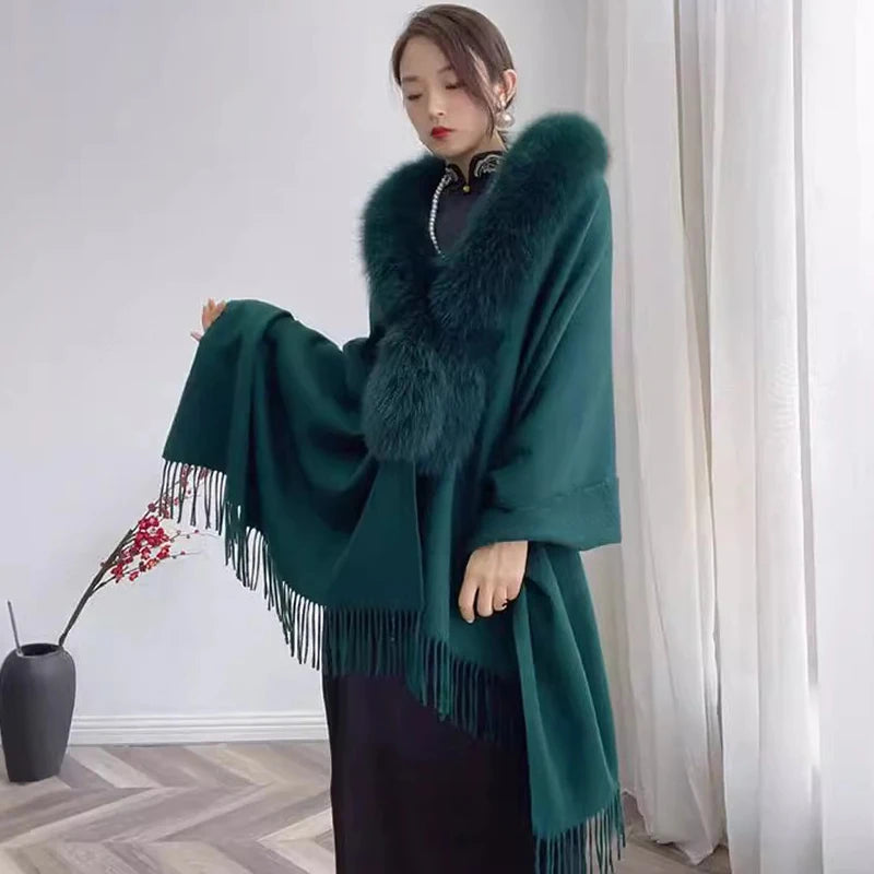 2024 New Fashion Autumn Cashmere wool shawl with real fox fur Collar Winter Genuine Fox Fur Wedding Big Wool Poncho