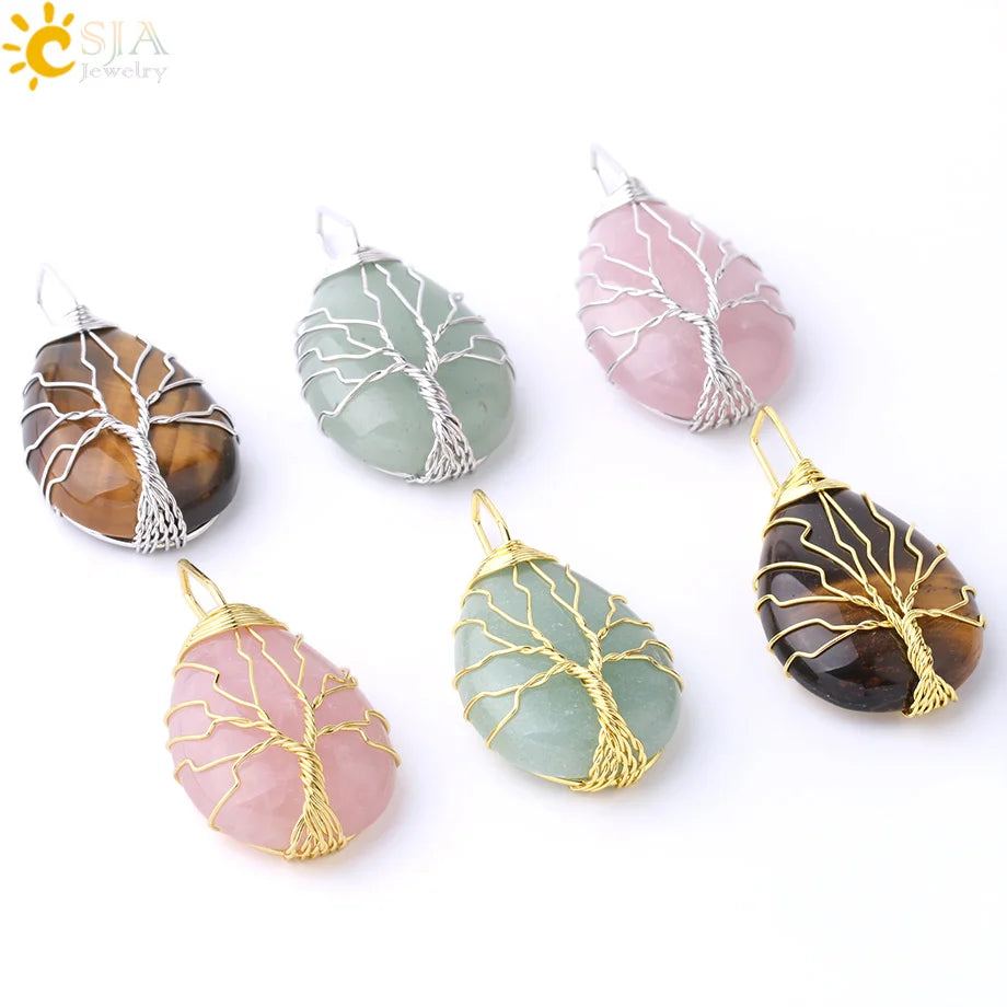 Tiger Eye Tree of Life Crystal Necklace Natural Stone Pendant Wire Wrap Rose Crystals Pink Quartz Amethyst Green Aventurine E585