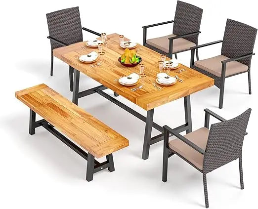 6 PCS Outdoor Wood Dining Set, Acacia Wood Table & Wooden Bench & Cushioned Rattan Wicker Chairs, OutdoorDining Furniture Set