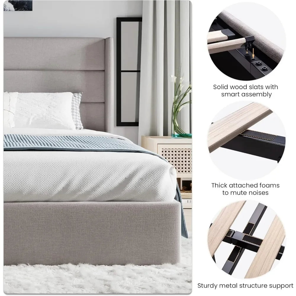 King Size Lift Up Storage Bed/Modern Wingback Headboard/Upholstered Platform Bed Frame/Hydraulic Storage/No Box Spring Needed