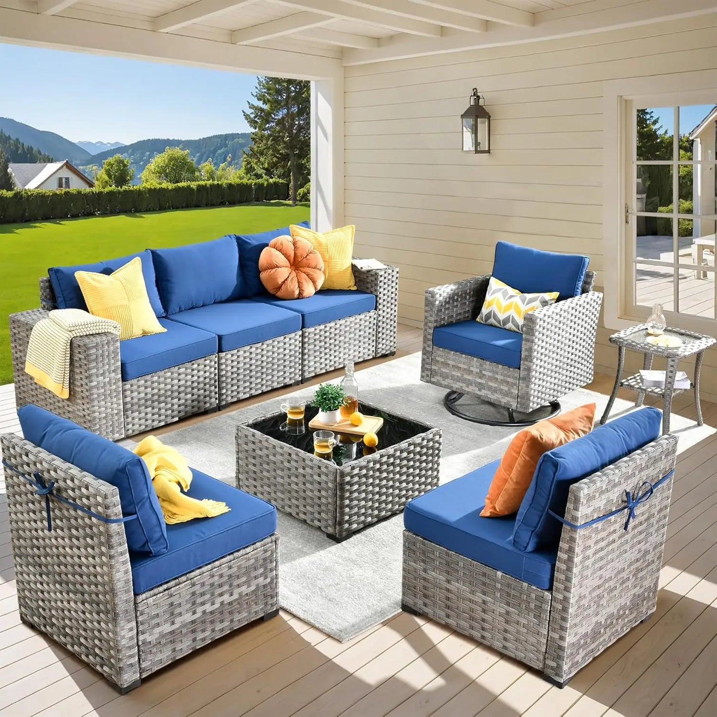 9 Pieces Patio Furniture Set, Outdoor Sectional Sofa with Swivel Rocking Chairs, Wide Arms and Deep Seat, Wicker Rattan Set