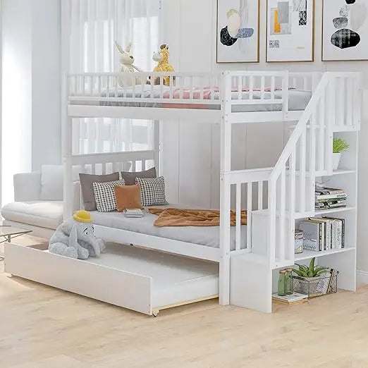 Bunk Bed, with Trundle, with Storage,Can Be Split Into 3 Separate Beds,for Kids Teens Adults ,Solid Wood Stairway Bunk Bed Frame