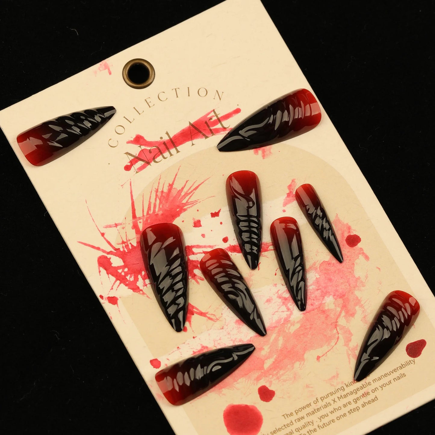 24pcs Halloween Press on Nails Wearable Black Red Gradient Fake Nails Super Long Pointy Nails 3D Crystal Stripes False Nails Tip