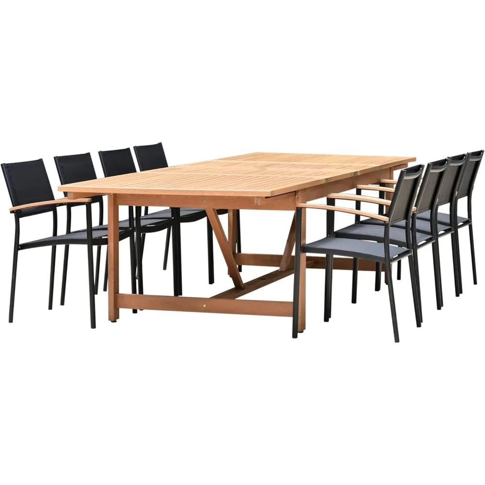 9Piece Patio Dining Set, Table and Sling Black Chairs| Durable, Ideal for Outdoors,Light Brown-Teak Finish,Garden Furniture Sets