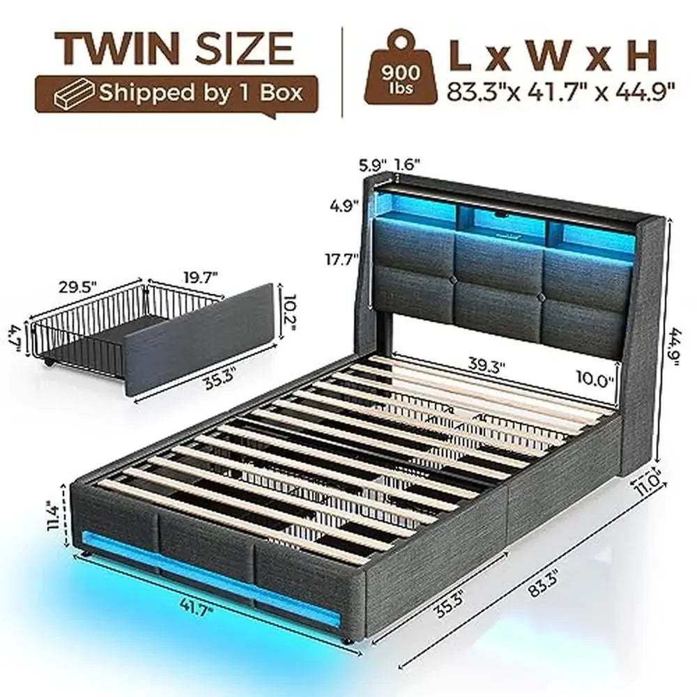 Twin Size Bed Frame with LED Lights USB Charging Station Sliding Drawers Grey Linen Storage Shelf