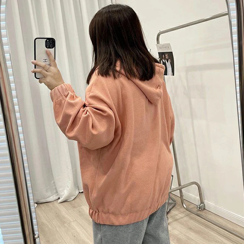 2022 Autumn New Fashion Temperament Korean Plus Size Hoodies Women Loose Casual Waffle Sweatshirt Jacket Solid Elegant Cardigan