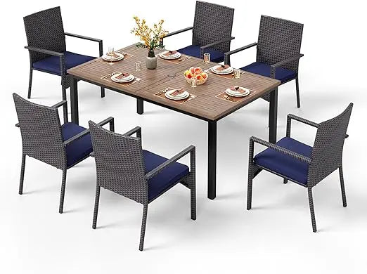 7Pieces Patio Dining Set,65” Wood-Like Metal Steel Dining Table & Rattan Wicker Chairs with Cushions,Large Dining Furniture Sets