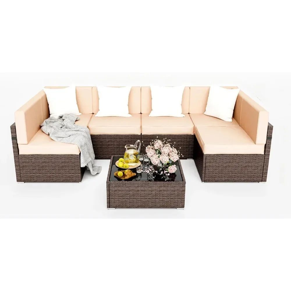 Wicker Patio Sectional Sofa, Rattan Conversation Set with Coffee Table and Washable Cushions, Outdoor Furniture Sets