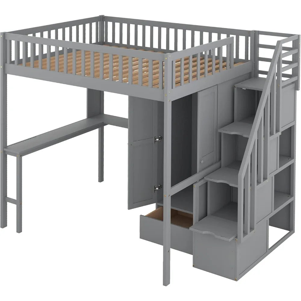 Bunk Bed,Full Loft Beds Stairway Loft Bed Frame with Wardrobe, Desk, Bookcase and Drawers, Solid Wood Bunk Beds