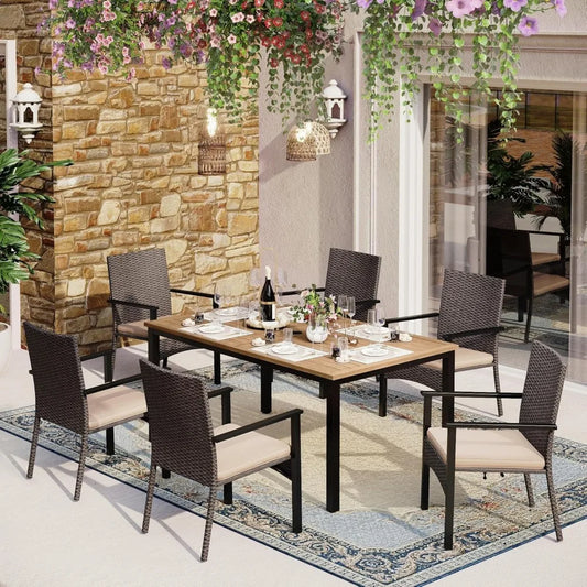 7 Pieces Patio Dining Furniture Set, with Wood-Like Table Set for 6 with Umbrella Hole, Outdoor Dining Furniture Sets