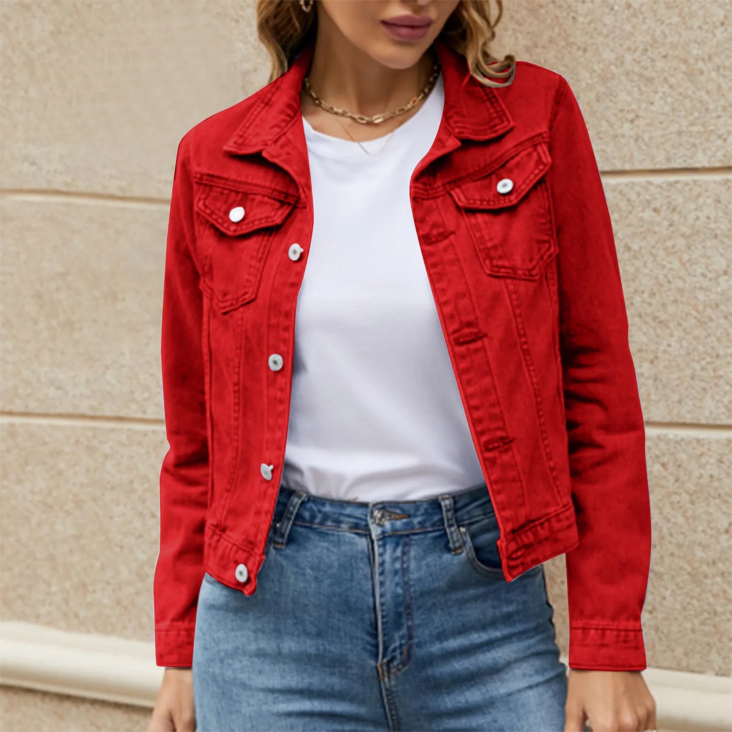 Red Women's Denim Coat Jacket Solid Color Button Down Denim Cotton Jacket With Double Pocket Lapel Denim Jacket Women Crop Top