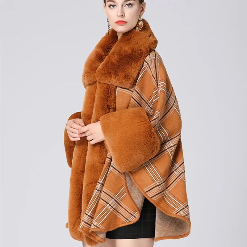 4 Colors Women Party Overcoat Cloak Winter Faux Rabbit Fur Big Collar Knitted Cardigan Cape Cashmere Long Sleeve Plaid Poncho