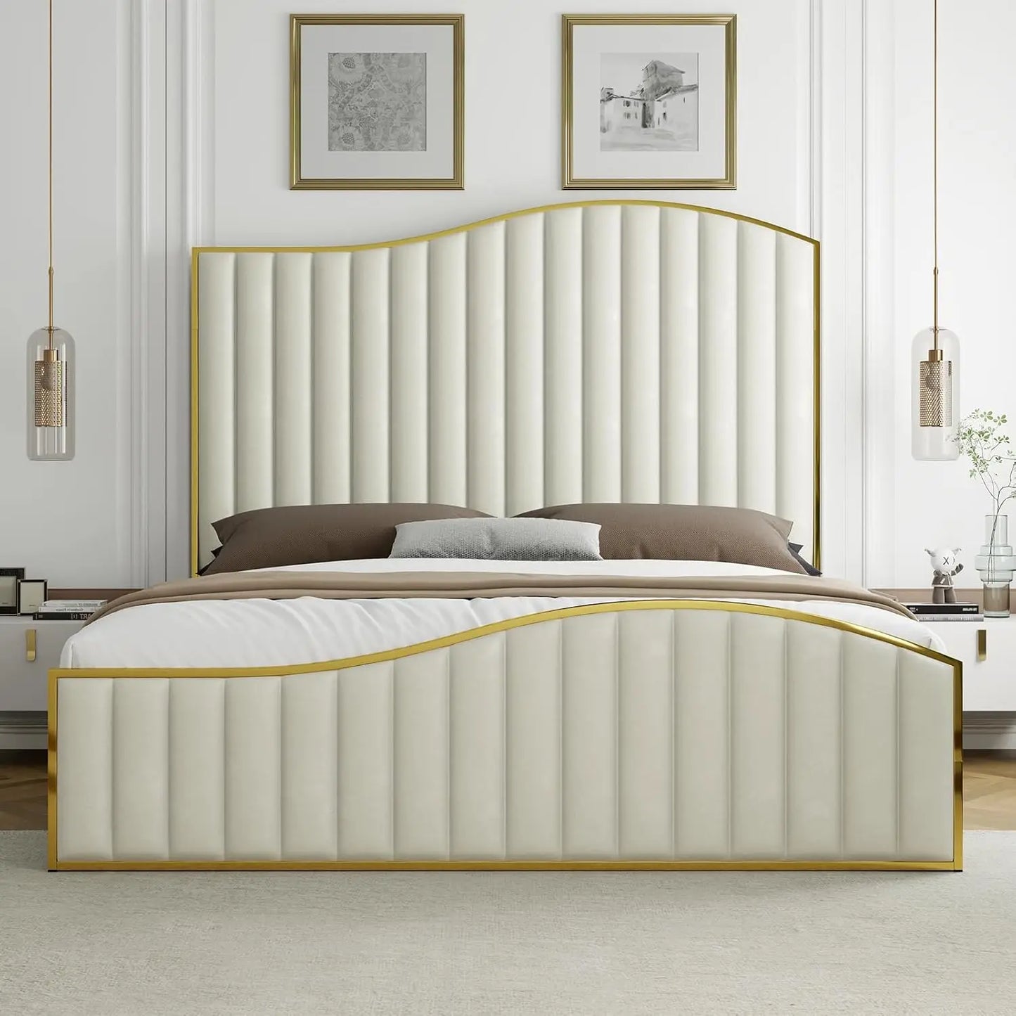 King Size Harp Bed Frame, Velvet Upholstered Platform Beds with 61.4" Vertical Channel Footboard/Wooden Slats, Bed Fram