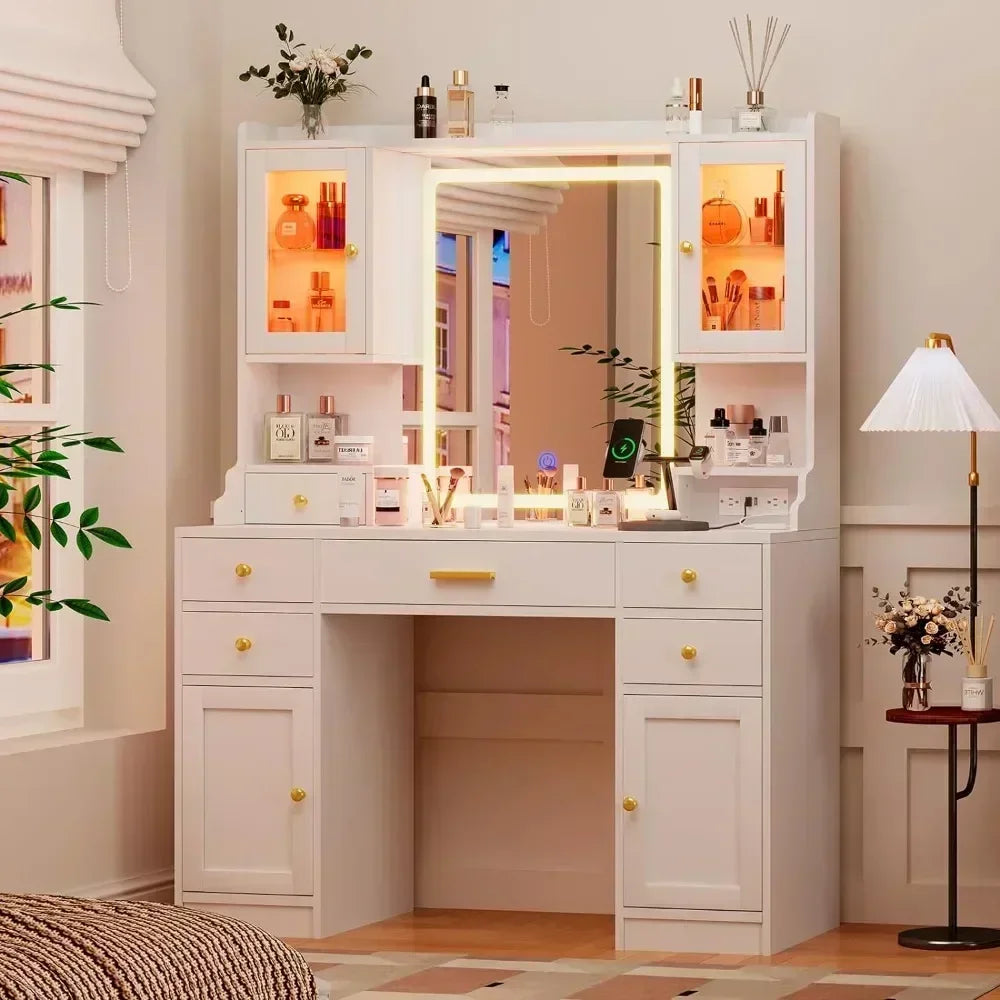 White Vanity Desk with Mirror, Lights and Charging Station with RGB Cabinets and 3 LED Light Modes, Large Makeup Table Set