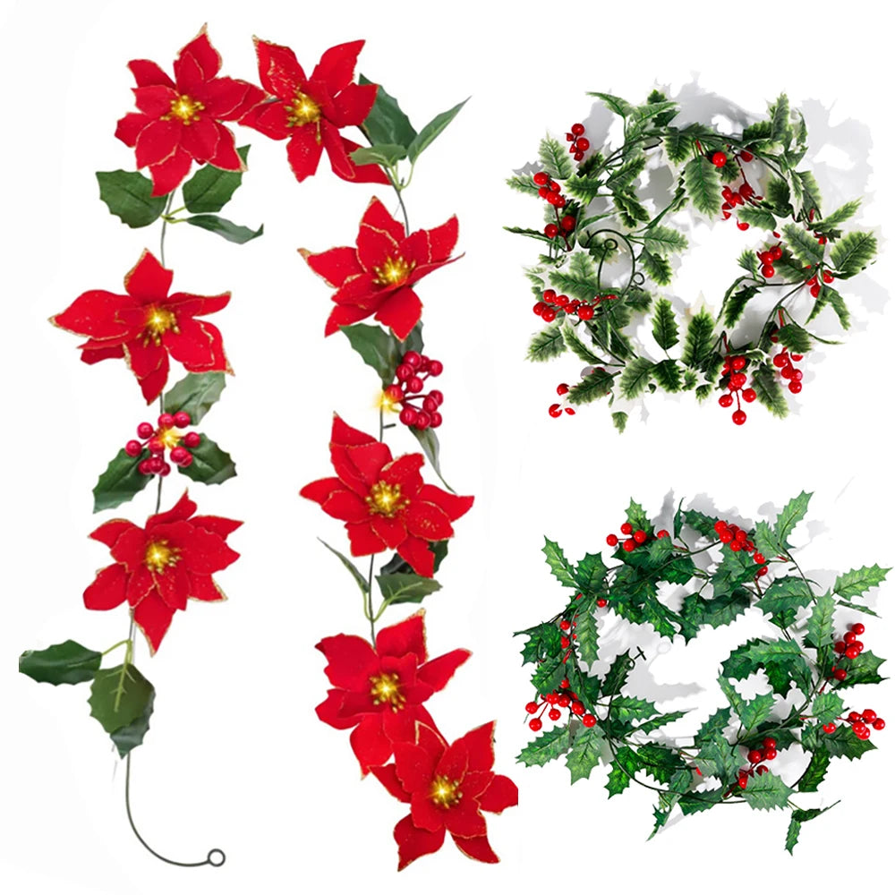 2M Christmas Artificial Holly Leaves Vine Garland Lighting String Xmas Tree Rattan Wreath For DIY Xmas Party Decoration Supplies