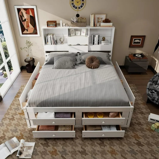 Platform Bed Frame with Storage Headboard and 8 Drawers Frame with Built-in Storage Shelves,Suitable for bedrooms, free shipping