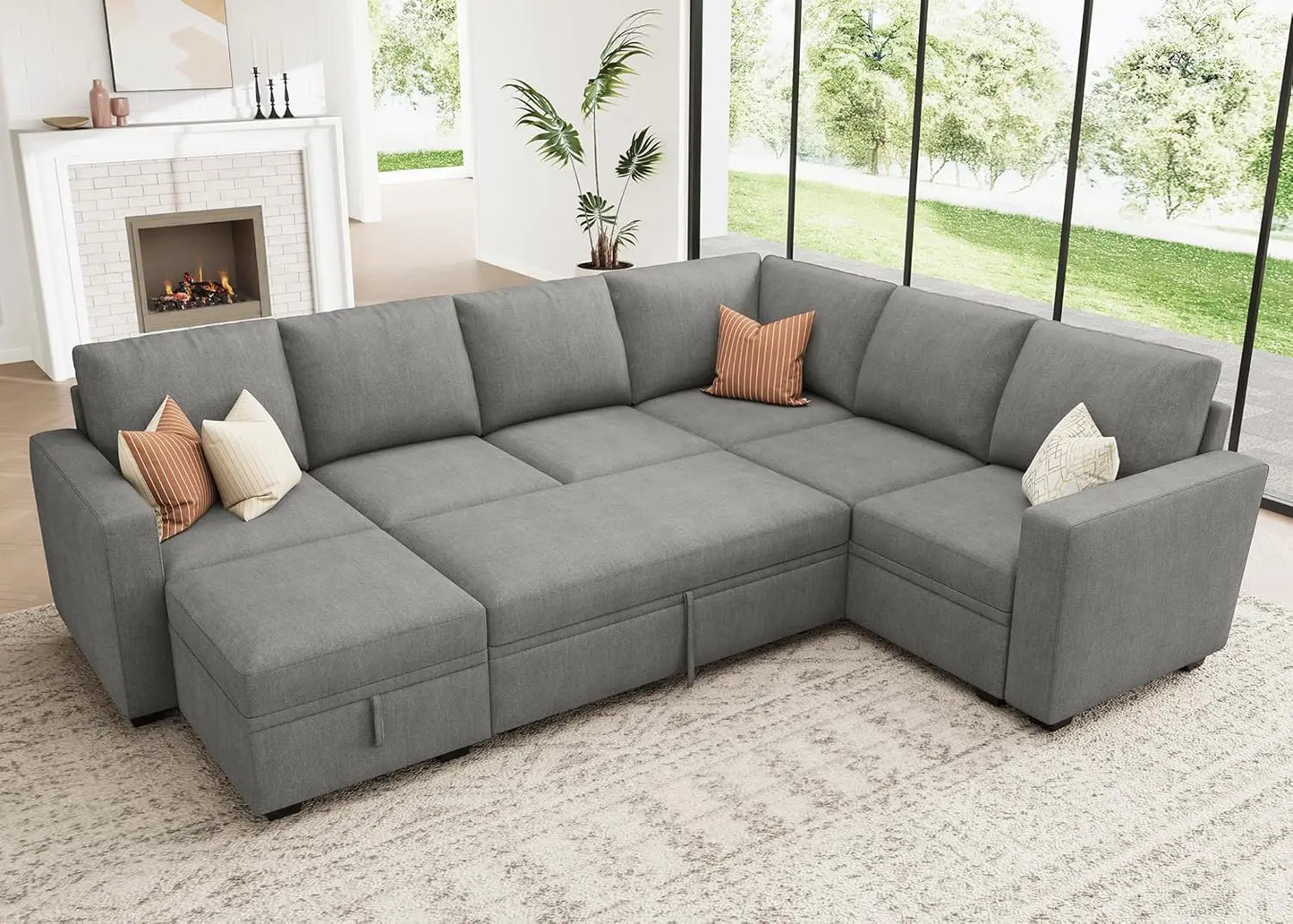 Sleeper Sofa with Pull Out Bed, Corduroy L Shaped Couch with Storage Seats, Convertible Sectional Couches for Living Room, Green