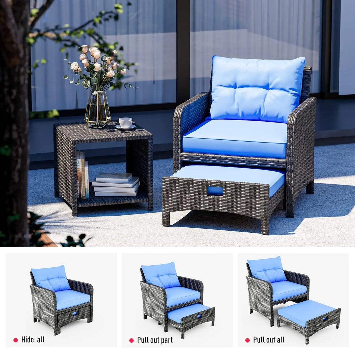 5 Pieces Wicker Patio Furniture Set Outdoor Patio Chairs with Ottomans Conversation Furniture with Garden Balcony(Blue Cushion