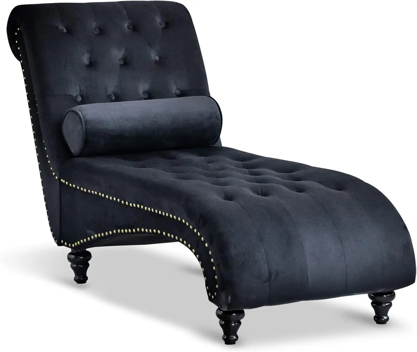 Velvet Button-Tufted Chaise Lounge Chair Leisure Sofa Chaise Chair w/Bolster Pillow, Nailhead Trim and Turned Legs Chaise Lounge