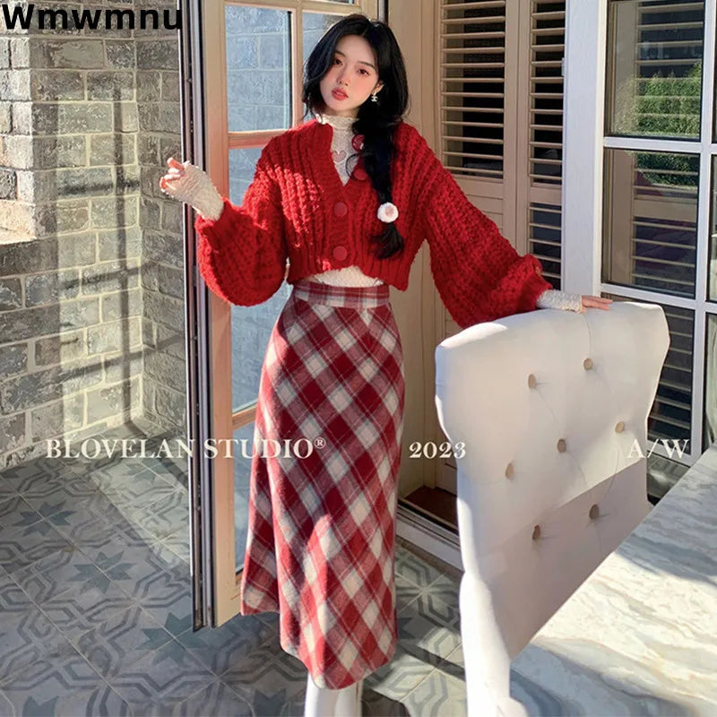 Elegant Knitted Red Two Piece Sets Casual Single Breasted Sweater Cardigan Cropped Tops Conjunto  Woolen Plaid Long Skirt Outfit