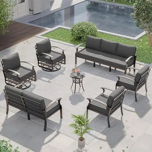 Aluminum Patio Furniture Set, W/Swivel Rocking Chairs Patio Sectional Sofa , 9-Seat Modern Metal Outdoor Conversation Sets