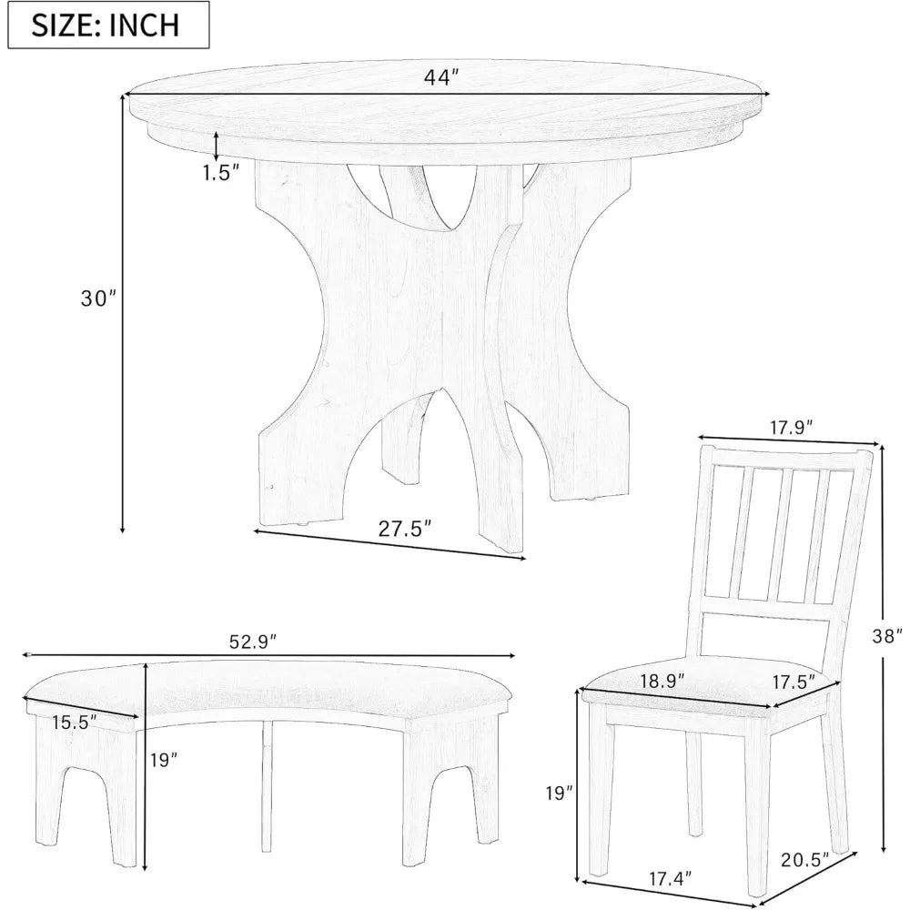 5-Piece Round Dining Table Set for 4 Round Kitchen Table Set with Curved Bench & 3 Chairs Retro Round Dining Room Set