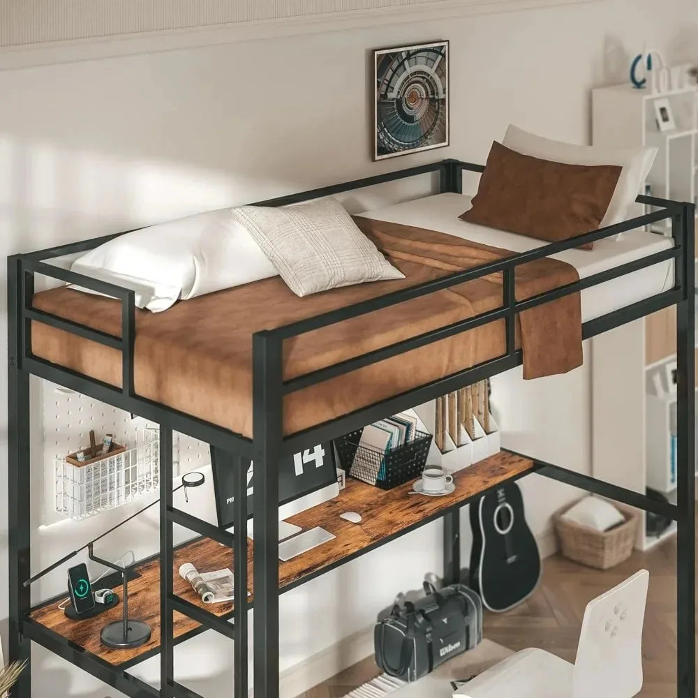 Loft Bed Twin Size with Desk, Metal Loft Bed Frame with Power Outlet and LED Lighted, Space-Saving, Noise Free, Black