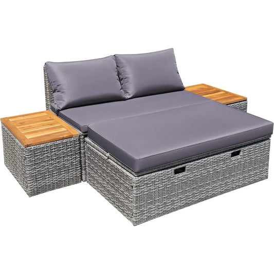 Patio Day Bed with 2 Side Tables Outdoor Daybed Set MultifunctionalRattan Lounge Bed for Backyard Porch Poolside Lawn Beach