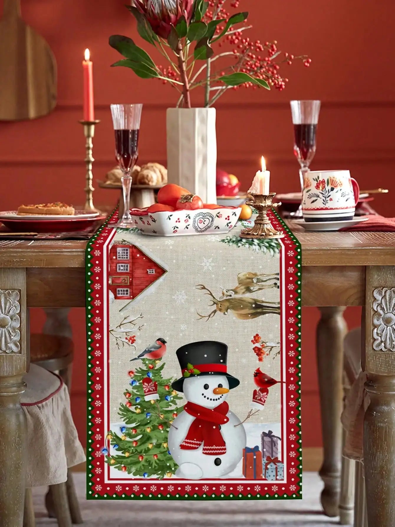 Christmas Snowman Snowflake Linen Table Runner Winter Xmas Wedding Party Decor Washable Holiday Kitchen Dining Room Table Decor