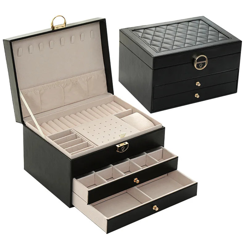 Three Layers New Retro High Quality Pu Jewelry Box With Necklace Hook  Earrings Ring Bracelet Storage Case Green  Colors