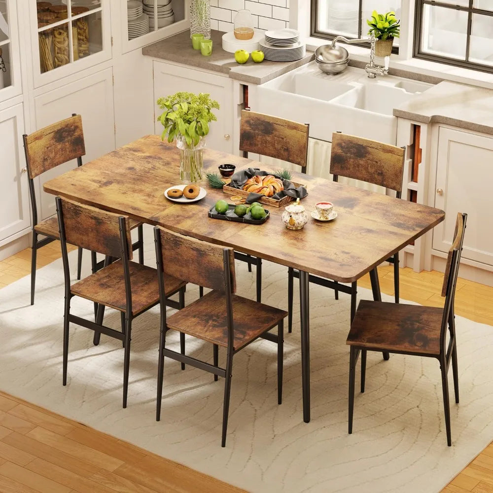 63” Extendable Dining Table Set for 4-6 People, 7-Piece Dining  Set for 6 People with 6 Chairs, MDF Wood Board Kitchen