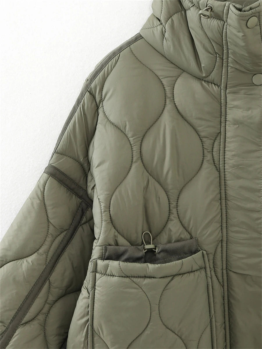 Ladies Stylish Quilted Puffer Jacket with Stand Collar and Zipper Closure Warm Winter Down Coat in Solid Color Lightweight