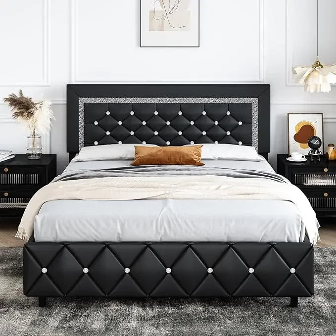 Queen Bed Frame Upholstered Bed Frame with Diamond Tufted Headboard, Faux Leather Headboard & Footboard, Wooden Slats Support