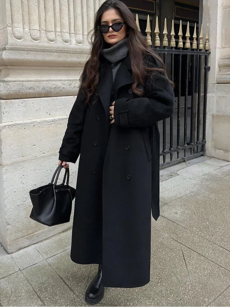 Fashion With Belt Black Woolen Long Coat For Women Oversize Loose Double Button Lapel Overcoat Autumn Lady High Street Outerwear