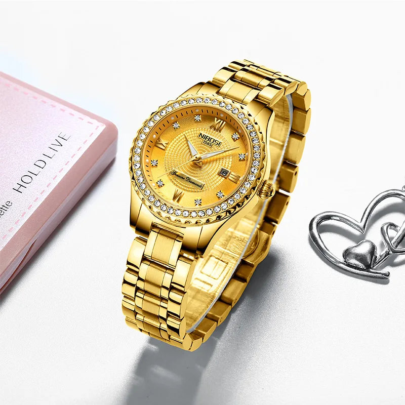 NIBOSI Brand Luxury Gold Quartz Watch for Women Stainless Steel Waterproof Date Fashion Diamond Womens Watches Relogio Feminino