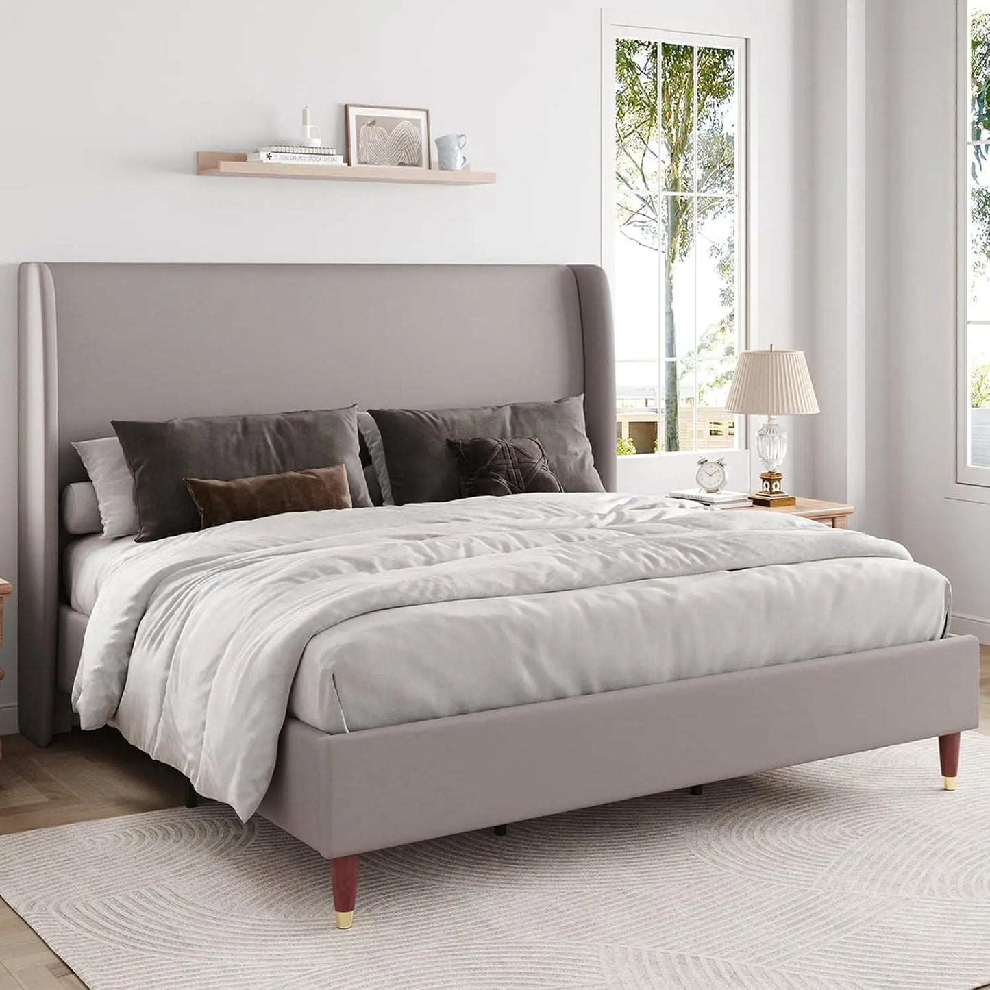 King Bed Frame Upholstered Bed Frame and Wingback Headboard/Wood Slat Support/No Box Spring Needed/Easy Assembly/White