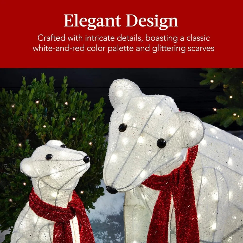 32in 2-Piece Lighted Polar Bear Family, Large All-Weather Pre-Lit Outdoor Christmas Décor for Front Yard