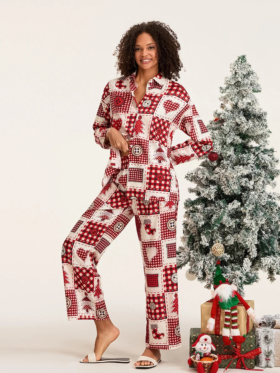 New Women 2 Piece Pajamas Set Christmas Print Long Sleeves Button Shirt And Elastic Pants For Loungewear Soft Sleepwear S-XL