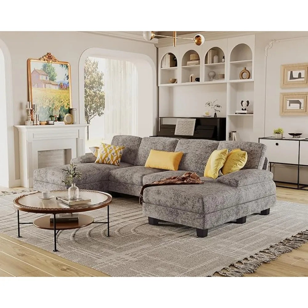 Sectional Couches for Living Room, U-Shaped Sofa Couch with Linen Fabric, 4 Seat Sofa Set with Double Chaise