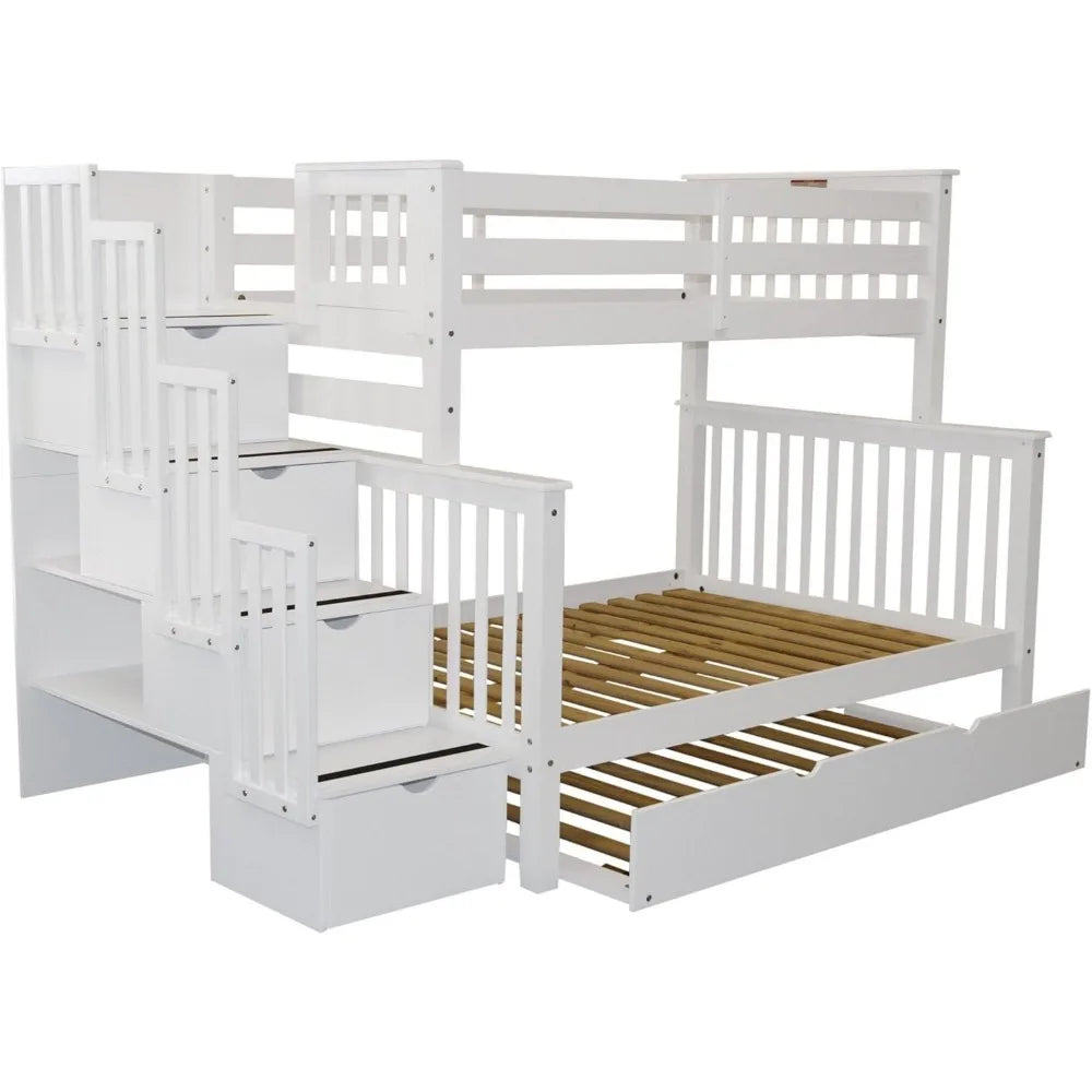 Bunk Bed, King Stairway Bunk Beds Twin Over Full with 4 Drawers in The Steps and A Twin Trundle, Wood Bunk Bed Frame