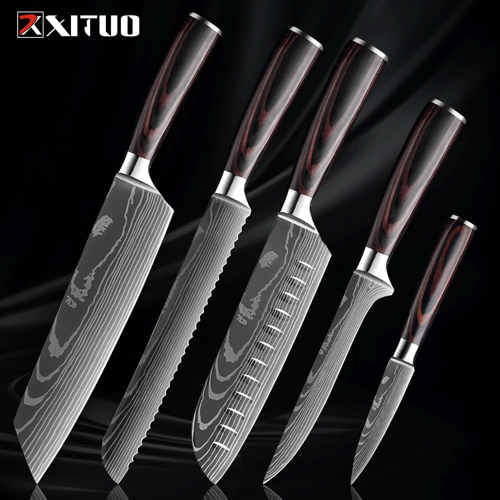 XITUO Kitchen Knife Set 1-9PCS,7Cr17Mov Stainless Steel Sharp Chef Knife Santoku Knife Fruit knife Ergonomic Pakkawood Handle