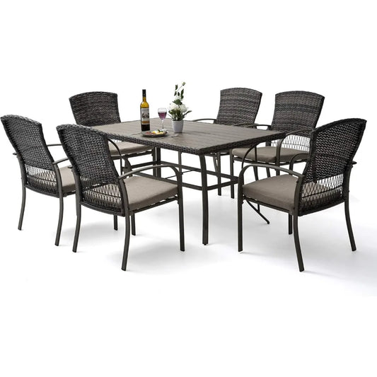 7 Piece Patio Dining Set,for Backyard Garden Deck Poolside/Iron Slats Table Top, Removable Cushions,Outdoor Wicker Furniture Set