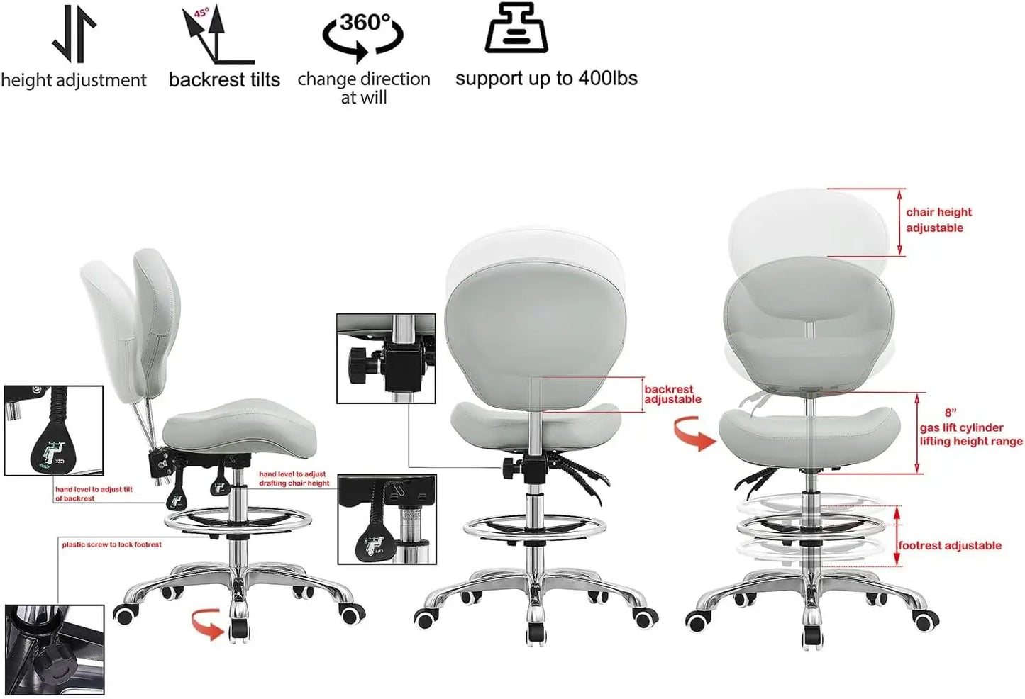 Adjustable Stools Drafting Chair with Backrest & Foot  and Tall Home Desk Chairs (Grey)